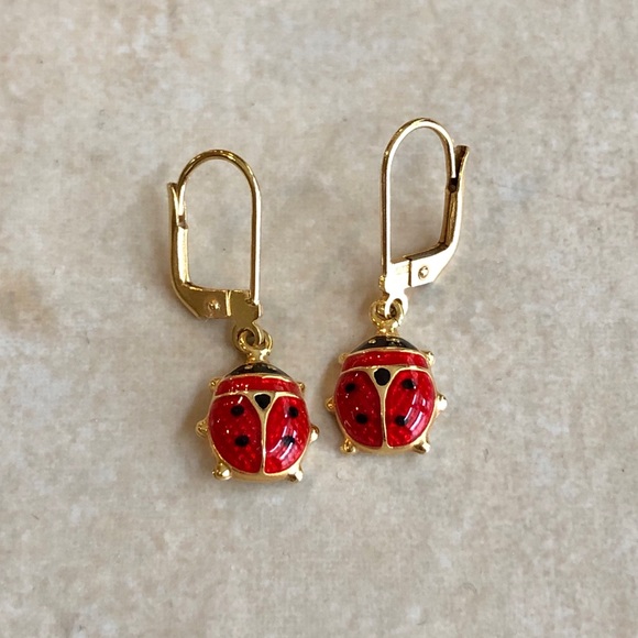 14K Yellow Gold Red Lady Bug Earrings - Picture 1 of 12